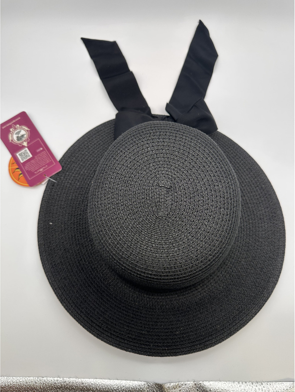 Angela & William Black Wide Brim Sun Hat with Ribbon Bow